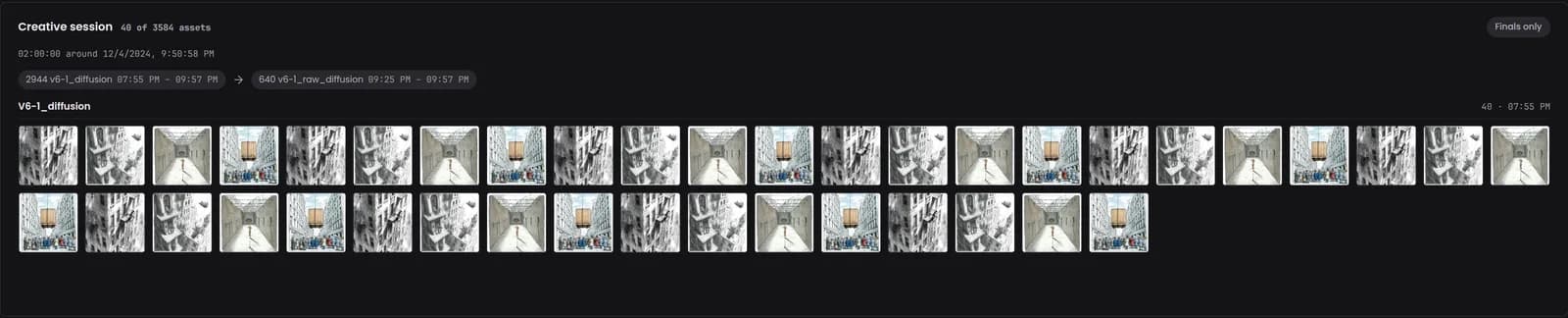 The Creative session panel on a Midjourney asset page: 40 of 3,584 assets from a two-hour window, summarised by job type and shown as a grid of thumbnails, with a Finals only button at the top right.