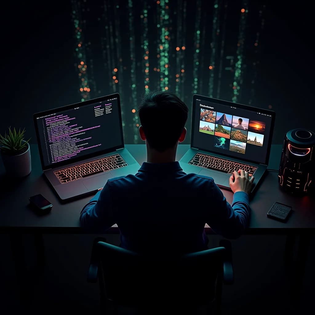 A creative workspace with multiple screens showing organized AI-generated artwork grouped by session
