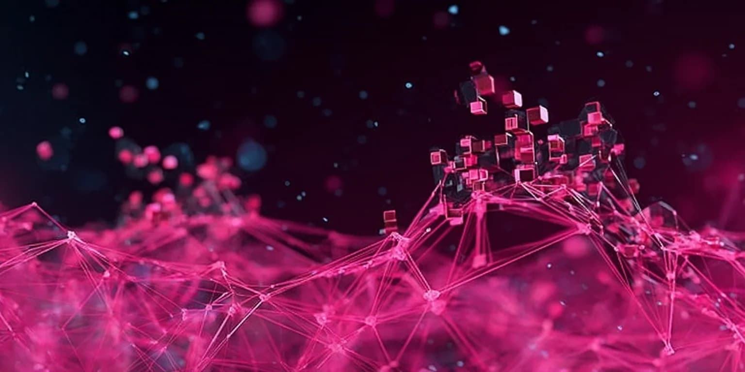 A dark plexus network of glowing magenta nodes and connecting lines, with a cluster of faceted violet cubes crystallizing where the mesh converges, evoking a judgment call forming out of many connected signals